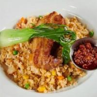 Pork Chashu Fried Rice · Pork Chashu, Rice, Egg, Mixed Veggies, Sesame Seeds, and grilled Baby Bok Choy with Fried Ch...