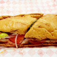 Marge'S Grilled Italian Roma Sub · Sliced turkey, mortadella, salami, capicola, pepperoni and provolone, with roma tomatoes, on...