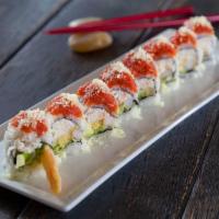 Hot Night Roll · Shrimp tempura, crab, avocado, cucumber topped with spicy tuna and crunch outside with eel s...