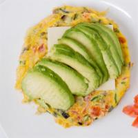 Avocado & Cheese Omelette · Onions, tomatoes, green bell pepper, egg, avocado, and cheese.