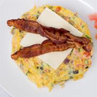 Bacon & Cheese Omelette · Onions, tomatoes, green bell pepper, egg, bacon, and cheese.