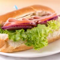 Ham & Cheese Sub · Mayonnaise, Lettuce, tomatoes, Onions, pickles, ham and cheese.