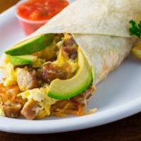 Breakfast Burrito · Eggs, homemade hash browns, salsa, Monterey jack & cheddar cheese, and avocado.
Option to ad...