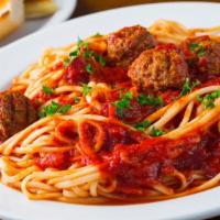 Spaghetti And Meatballs (Available Only After 2Pm) · Tomato sauce, herbs, and ground beef meatballs. Served with garlic bread and parmesan cheese.