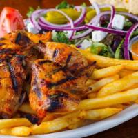 Mediterranean Chicken Dinner · 1/2 charbroiled chicken, Greek salad (with Olives and Feta), and your choice of Rice, Beans ...