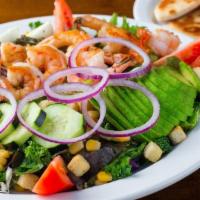 Grilled Shrimp Salad · Grilled Shrimp served on a bed of Fresh mixed greens, Campari tomatoes, Cucumbers, Boiled Eg...