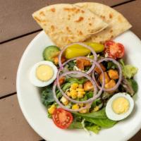 Small Side Salad · Fresh mixed greens, Campari tomatoes, Cucumber, Boiled Egg, Corn, Pepperoncini, house-made C...
