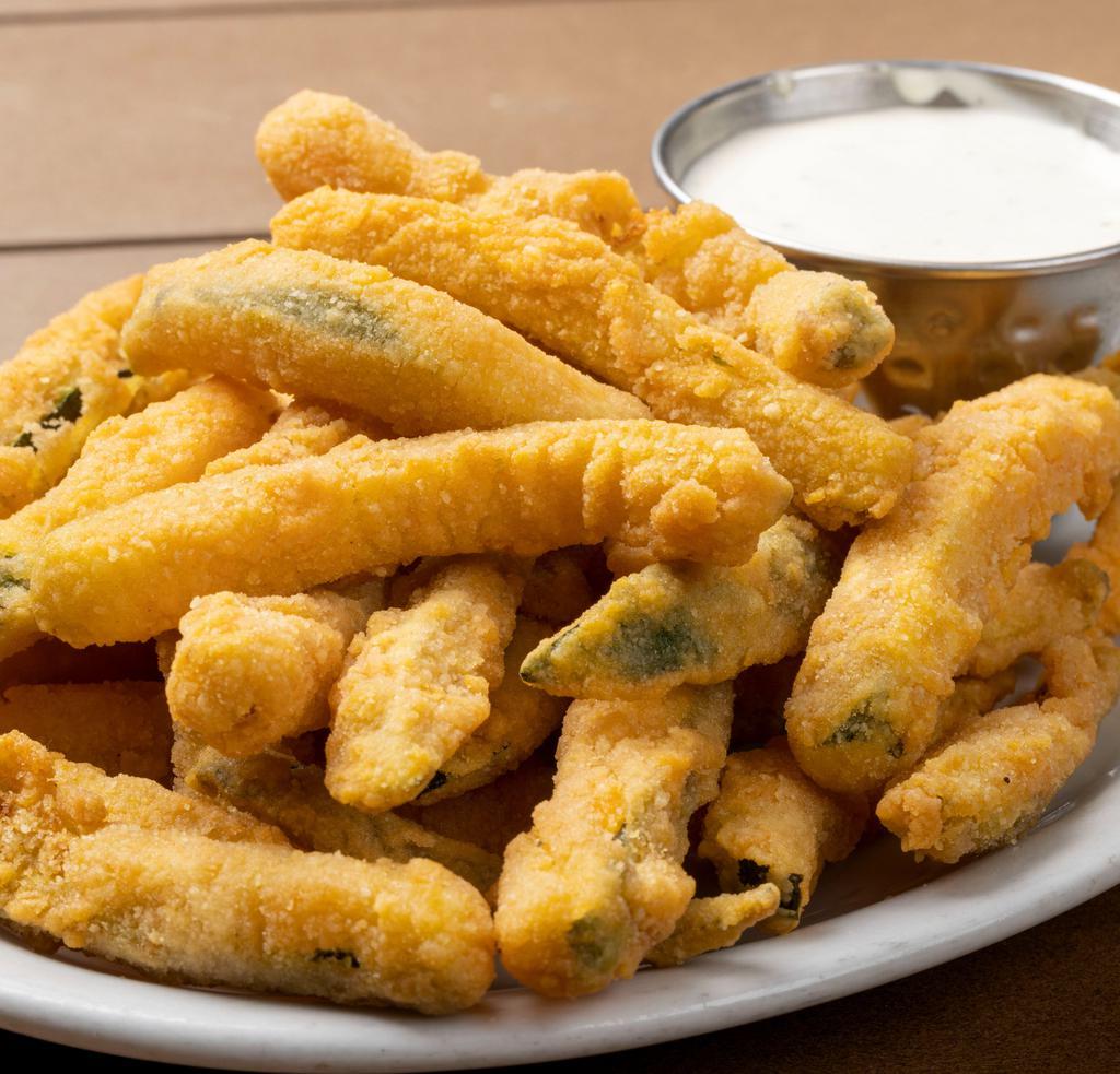 Zucchini Sticks · Hand breaded zucchini sticks. Comes with 1 side of our house-made Ranch dressing.