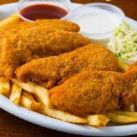 Chicken Strips (3) · 3 Chicken strips, comes with a side of our fresh house made BBQ sauce OR our famous Ranch.