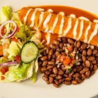 Veggie Enchilada · One large corn enchilada filled with sauteed peppers, mushrooms, onions, tomato, spinach and...