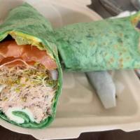 Tuna Salad Wrap · Homemade tuna salad, cheese, tomato, lettuce, onion, mustard and mayo in a flour tortilla.