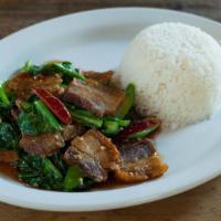 Kana Moo Grob · Crispy house-roasted pork belly stir-fried with Chinese broccoli.
