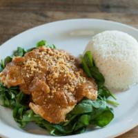 Praram Rongsong · Choice of meat or tofu, topped with curried peanut sauce, served over steamed spinach.