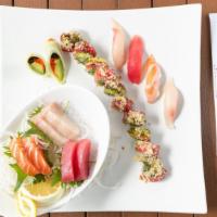 Hana Combo · Assorted 4 pieces chef's choice nigiri, 6 pieces sashimi with your choice of one house speci...
