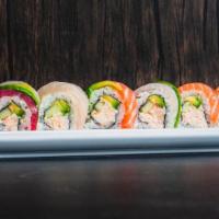 Rainbow Roll · IN: Avocado, Imitation Crab, Cucumber;  . OUT: Tuna, Salmon, Sushi Shrimp, Red Snapper, Sesame