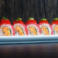 Dragon Roll · IN: Spicy Crab, Cucumber;  . OUT: Tuna, Masago, Sesame;  . SAUCE: Spicy Mayo