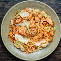 Chicken Yakisoba · Stir Fried Japanese Thin Wheat Noodles Coated With Savory Yakisoba Sauce.  Dish Contains Chi...