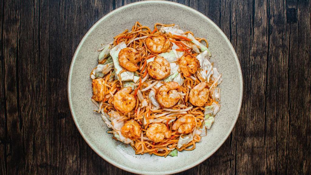 Shrimp Yakisoba · Stir Fried Japanese Thin Wheat Noodles Coated With Savory Yakisoba Sauce.  Dish Contains Shrimp, Bean Sprouts, Cabbage, Carrots