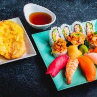 Deluxe Sushi Plate With Tempura · Salmon, Tuna, Izumi Dai, Shrimp, Spicy Scallop, California Roll, Maxie Roll + Shrimp & Veg T...