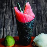 Tuna Handroll · Sushi Ingredients Wrapped with Seaweed in a Cone Shape.  Filling Contains Tuna, Cucumber, So...