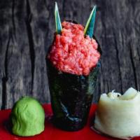 Spicy Tuna Handroll · Sushi Ingredients Wrapped with Seaweed in a Cone Shape.  Filling Contains Spicy Tuna, Cucumb...