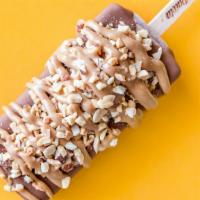 The Nutty Pop · choco-banana pop + milk chocolate dip + nuts + peanut butter drizzle