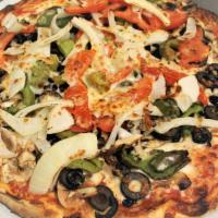 Veggie Pizza · Mushrooms, green peppers, fresh tomatoes, onions and black olives.