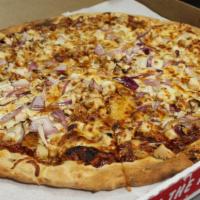 Bbq Chicken Pizza · BBQ sauce, grilled chicken breast, red onions and mozzarella cheese.