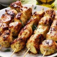 5 Piece Chicken Kabab Plate · Marinated and grilled chicken breast on a skewer. Served with hummus, salad and rice. (Inclu...