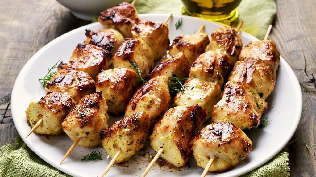 5 Piece Chicken Kabab Plate · Marinated and grilled chicken breast on a skewer. Served with hummus, salad and rice. (Includes pita bread)