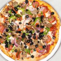 The Works Pizza · Pizza pepperoni, Italian sausage, green peppers, onions, olives, mushrooms.