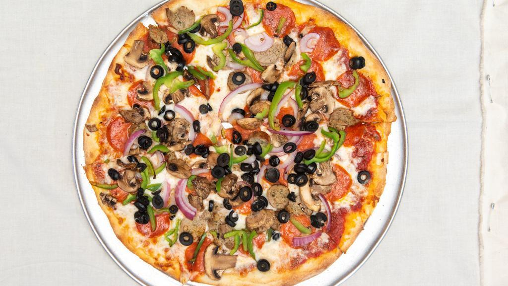 The Works Pizza · Pizza pepperoni, Italian sausage, green peppers, onions, olives, mushrooms.