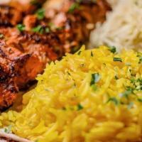Chicken Kebob Plate · Two skewers of Homemade marinated Chicken Kebob served with Rice.