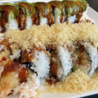 Crunch Roll · In: shrimp tempura, crab meat, avocado, cucumber. Out: crunch with eel sauce.