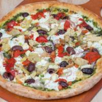 Gardina Verde · Housemade pesto sauce, housemade fresh mozzarella, feta cheese crumbles, red onions, tomato,...