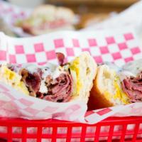 Hot Pastrami · Pastrami, mustard, pickles and melted Provolone cheese.