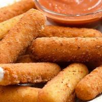 Mozzarella Cheese Sticks · Mozzarella cheese that has been coated and fried.