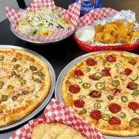Family Deal · 2 large 2 topping pizza, 8pc wings, house salad, 8pc bread sticks and a 2 liter soda