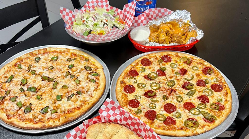 Family Deal · 2 large 2 topping pizza, 8pc wings, house salad, 8pc bread sticks and a 2 liter soda
