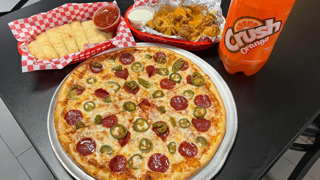 Bundle #3 · 1 large 2 topping pizza, 8pc wings, 8pc breadsticks & a 2 liter Soda