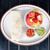 Breakfast Burrito · Three eggs scrambled with black beans, guacamole, cheese & your choice of Mexican chorizo sa...