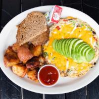 Mustard Seed Omelet · Served with egg whites ONLY, tomato, avocado, mushrooms, broccoli, and basil with jack chedd...