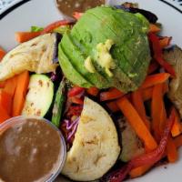 Grilled Vegetable Salad · Grilled asparagus, eggplant, zucchini, roasted bell peppers, carrots, green onions, corn, ro...