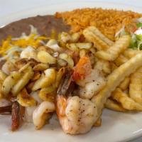 Camarones Al Mojo De Ajo · 10 prawns grilled and sautéed in garlic, served with, rice, beans, french fries, and salad.