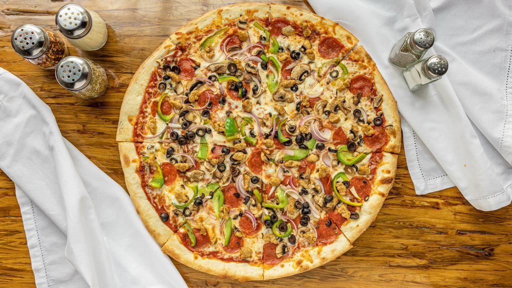 Pb Supreme · Pizza sauce, mozzarella, pepperoni, sausage, mushroom, bell pepper, red onion, black olive.