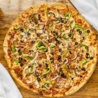 Veggie · Pizza sauce, mozzarella, mushroom, bell pepper, red onion, black olives, fresh diced tomato.