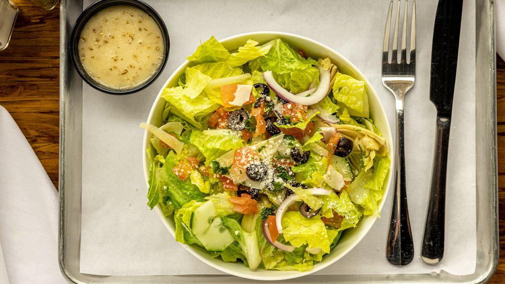Pb Chopped House · Chopped romaine lettuce, diced fresh tomato, cucumber, red onion, artichoke hearts, black olives, shaved Parmesan, served with Italian dressing. Add chicken for an additional charge.