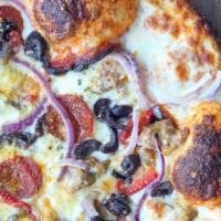 Supreme Pizza · red sauce, cheese blend, Italian sausage, pepperoni, roasted pepper, red onion, olive and or...