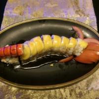 Lobster Roll (Sweet) · Lobster tail tempura, and crab salad mix with mango chunks, topped with mango slice, unagi s...