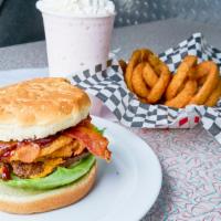 Western Quarter Pound Bbq Bacon Burger · Bacon, bbq sauce, lettuce, tomato, onion rings, mayo, pickle